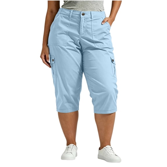 Admvng Women's Plus Size Cargo Pants Button Closure Capri Pants with Multi-Pockets Casual Workwear