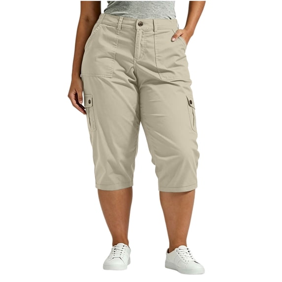 Admvng Women's Plus Size Cargo Pants Button Closure Capri Pants with Multi-Pockets Casual Workwear