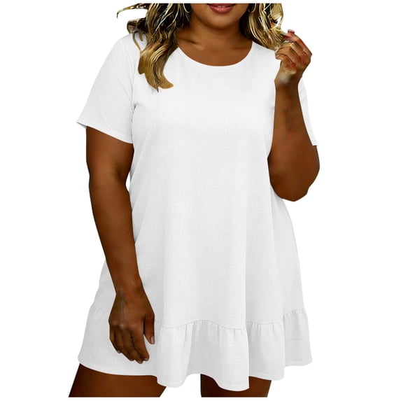 Admvng Women's Plus Size Dresses Casual Solid Crew Neck Short Sleeve Ruffle Hem Dress
