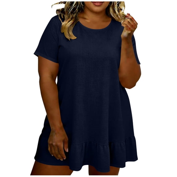 Admvng Women's Plus Size Dresses Casual Solid Crew Neck Short Sleeve Ruffle Hem Dress