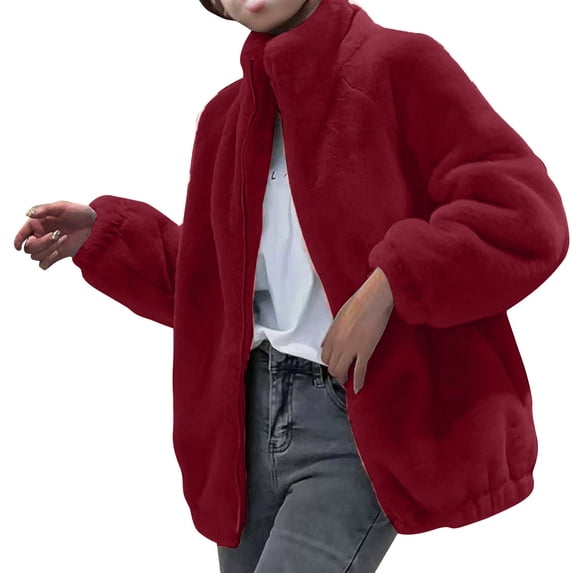 Admvng Women's Plus Size Jacket Long Balloon Sleeve Relaxed Mid Length Fall Winter Warm Teddy Coat