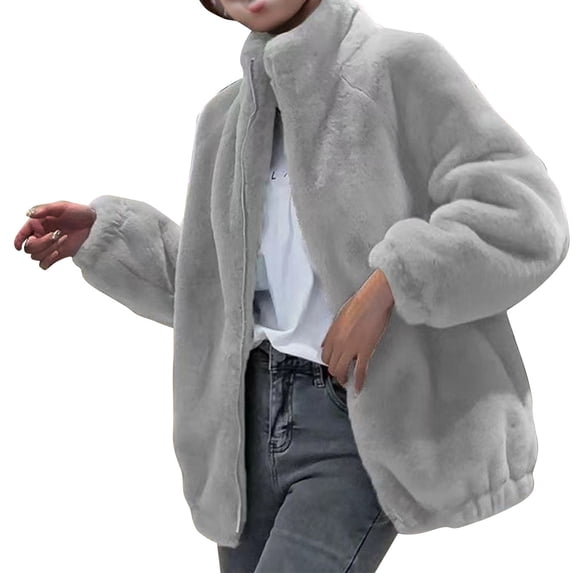 Admvng Women's Plus Size Jacket Long Balloon Sleeve Relaxed Mid Length Fall Winter Warm Teddy Coat