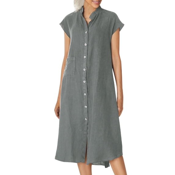 Admvng Women's Plus Size Linen Dresses Button V Neck Everyday Comfy Dress