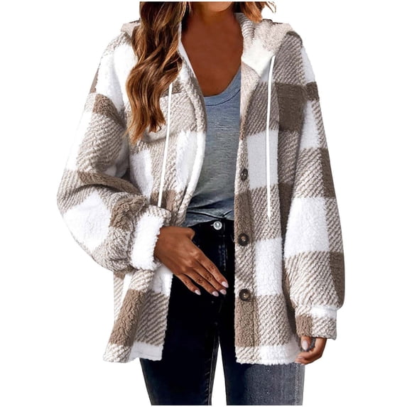 Admvng Women's Plus Size Plaid Sherpa Hooded Shacket Button Down Fuzzy Teddy Fleece Jacket with Drawstring Hood