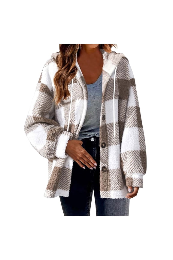 Women's Plus Size Plaid Sherpa Hooded Shacket Button Down Fuzzy Teddy Fleece Jacket with Drawstring Hood