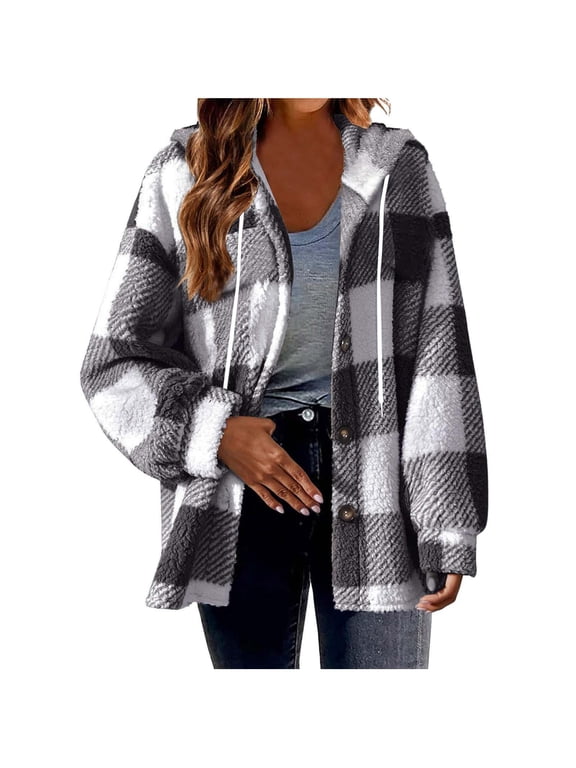 Women's Plus Size Plaid Sherpa Hooded Shacket Button Down Fuzzy Teddy Fleece Jacket with Drawstring Hood
