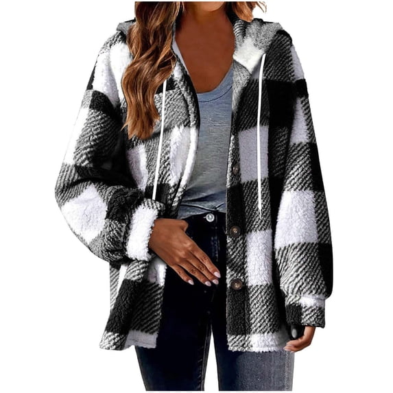 Admvng Women's Plus Size Plaid Sherpa Hooded Shacket Button Down Fuzzy Teddy Fleece Jacket with Drawstring Hood