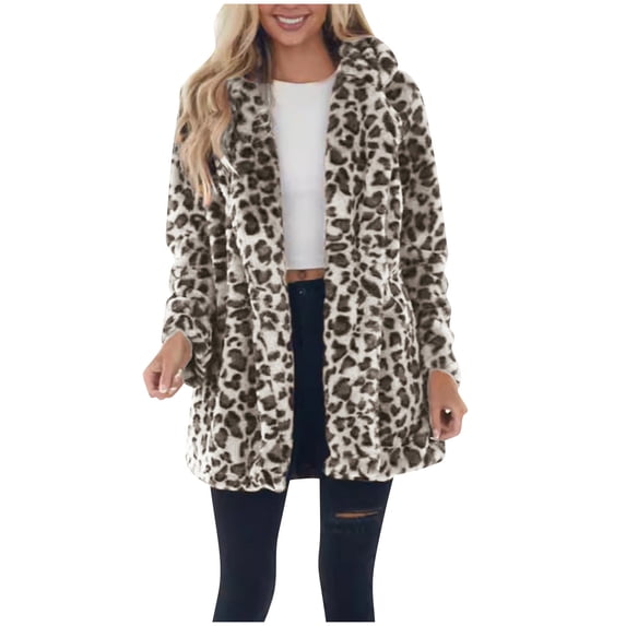 Admvng Women's Print Fuzzy Fleece Cardigan Plus Size Lapel Collar Long Sleeve Mid Length Fall Winter Teddy Coat with Side Pockets