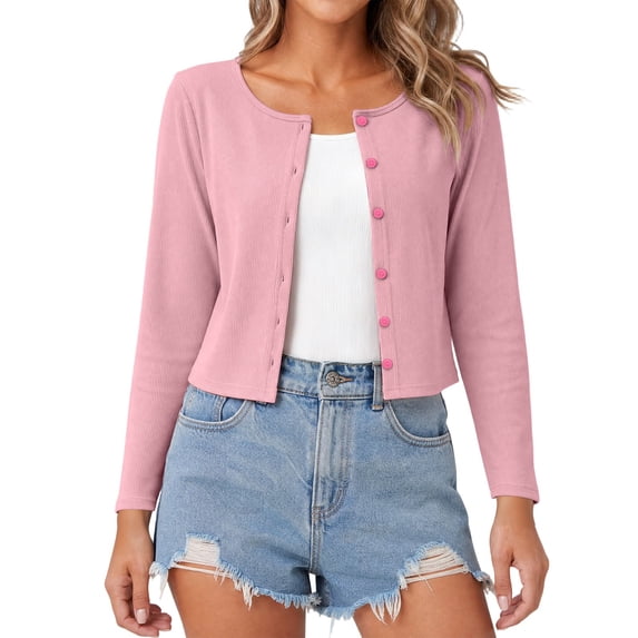 Admvng Women's Round Neck Cropped Cardigan Long Sleeve Slim Casual Cute Layering Shrug Jacket
