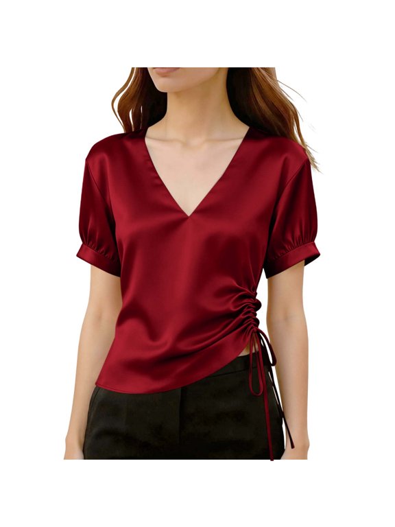Women's Satin Blouse V Neck Puff Short Sleeve Side Drawstring Cropped Silk Casual Work Tops