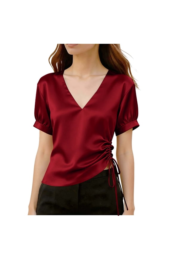Women's Satin Blouse V Neck Puff Short Sleeve Side Drawstring Cropped Silk Casual Work Tops