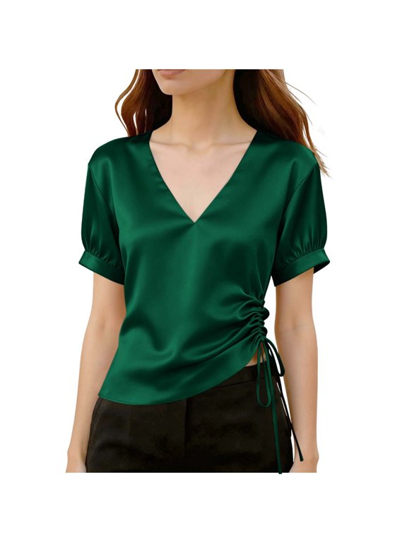 Women's Satin Blouse V Neck Puff Short Sleeve Side Drawstring Cropped Silk Casual Work Tops