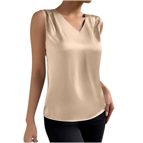 Admvng Women's Satin Blouse V-Neck Sleeveless Pleated Tank Top Silky Dressy Casual Office Camisole