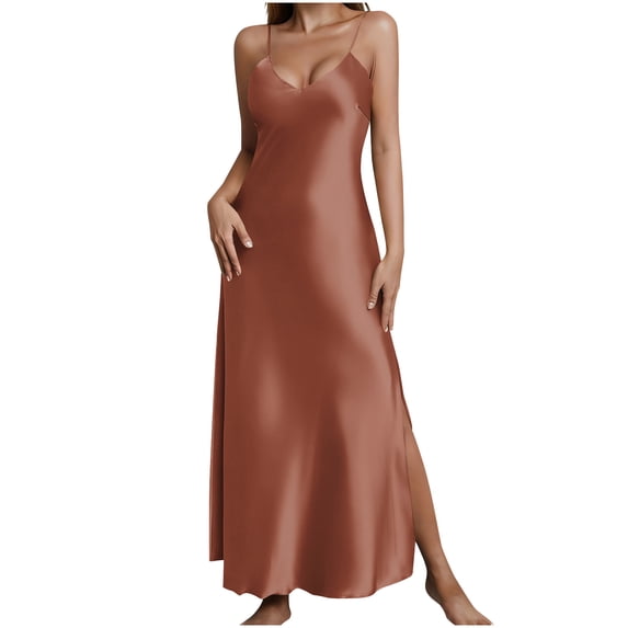 Admvng Women's Satin Dress Sleeveless Spaghetti Strap V Neck Casual High Side Slit Summer Everyday Dress