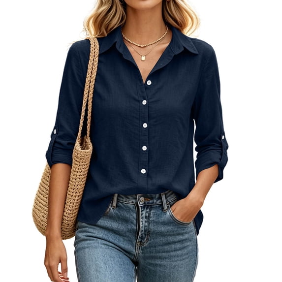 Admvng Women's Shirt Collar Long Sleeve Button Down Loose Casual Work Blouse Top