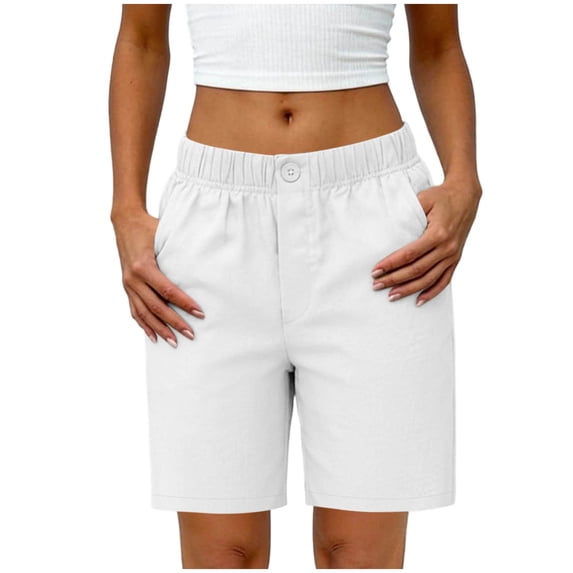 Admvng Women's Shorts Solid Button Elastic Waist Business Shorts with Pockects