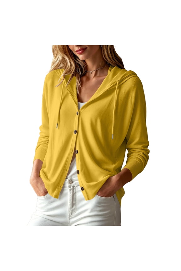 Women's Soft Knit Casual Jacket Drawstring Hooded Button Pocket Rib Cuff Lightweight Cardigan