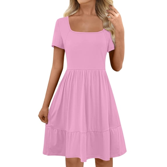 Admvng Women's Square Neck Dress Plus Size Tiered Short Sleeve Casual Beach Swing Dress