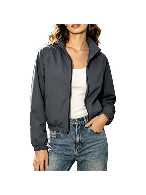 Women's Stand Collar Full Zip Cropped Windbreaker Jacket Pocket Lightweight Casual Outerwear