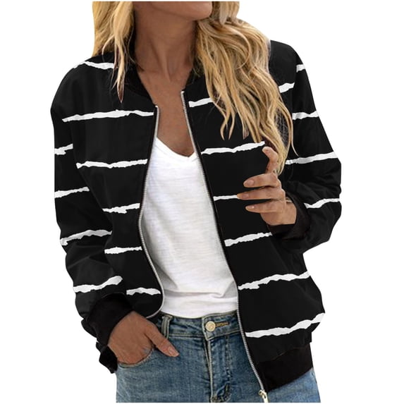 Admvng Women's Stripe Bomber Jacket Full Zip Lightweight Short Windbreaker Coat with Pockets