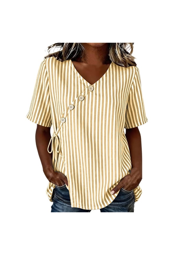 Women's Striped Blouse Wrap V Neck Short Sleeve Button Side Drawstring Casual Tops
