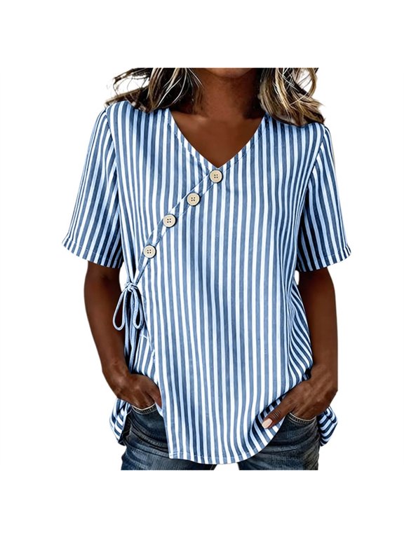 Women's Striped Blouse Wrap V Neck Short Sleeve Button Side Drawstring Casual Tops