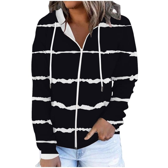 Admvng Women's Striped Hoodie Jacket Front Pockets Long Sleeve Zip Up Casual Hooded Sweatshirt with Drawstring