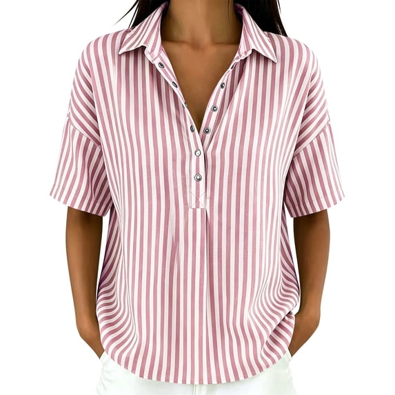 Admvng Women's Striped Lapel Blouse Short Sleeve Casual Relaxed Fit Tops