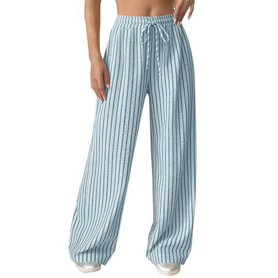 Admvng Women's Striped Pants Drawstring Waist Wide Leg Summer Lightweight Textured Trousers with Pockets
