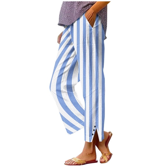 Admvng Women's Striped Pants Elastic Waist Casual Trousers with Slit & Button Hem