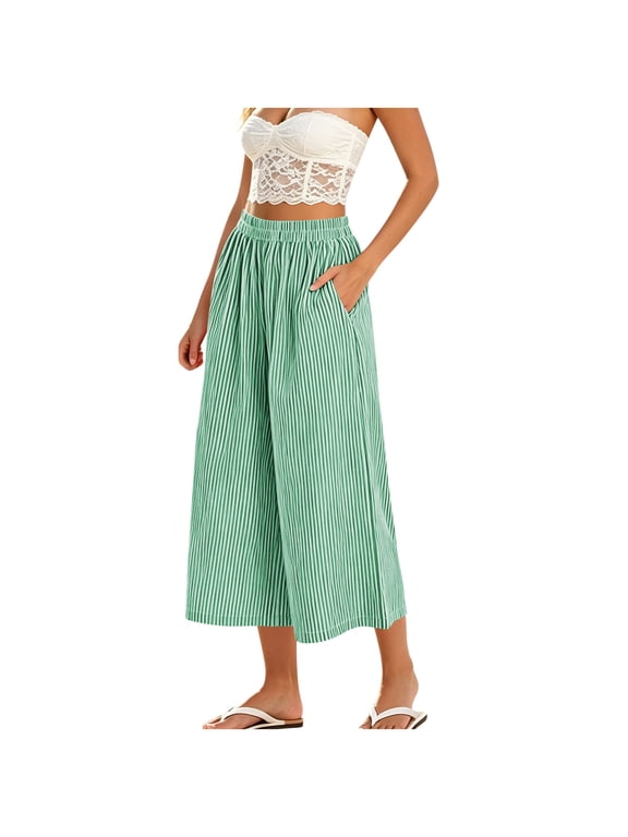 Women's Striped Wide Leg Elastic High Waist Pockets Culottes Copped Pants