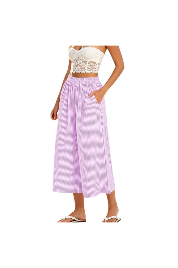 Women's Striped Wide Leg Elastic High Waist Pockets Culottes Copped Pants