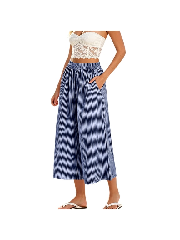 Women's Striped Wide Leg Elastic High Waist Pockets Culottes Copped Pants