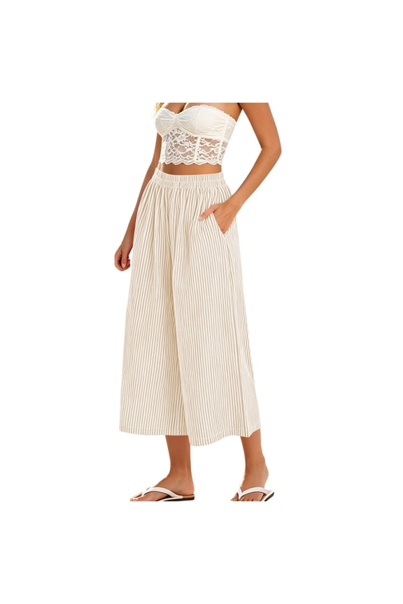 Women's Striped Wide Leg Elastic High Waist Pockets Culottes Copped Pants
