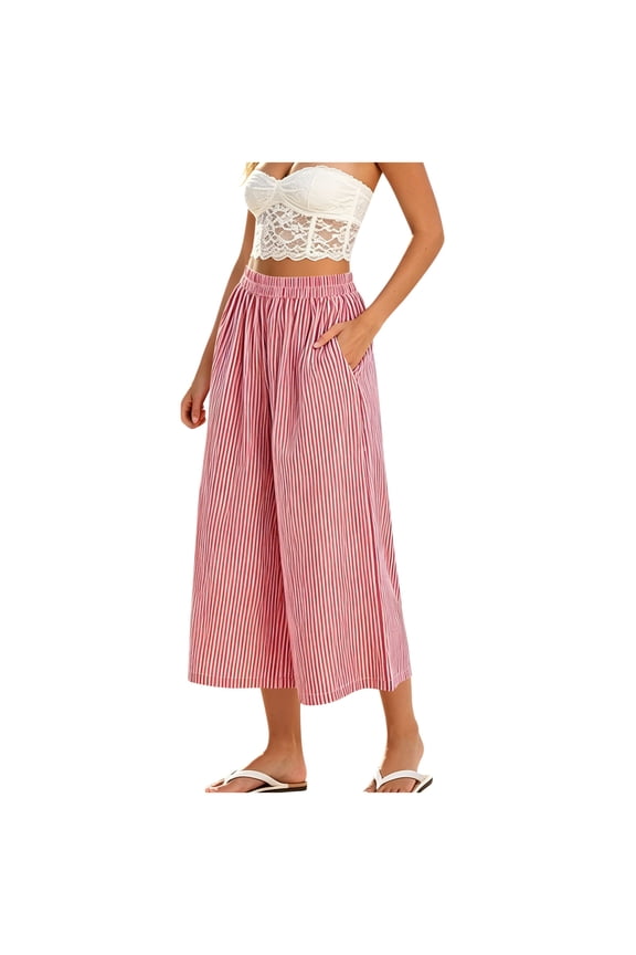 Women's Striped Wide Leg Elastic High Waist Pockets Culottes Copped Pants