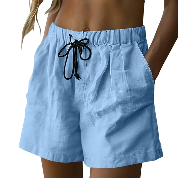 Admvng Women's Summer Casual Cotton Linen Plus Size Drawstring Shorts Elastic Waist Loose Shorts with Pockets