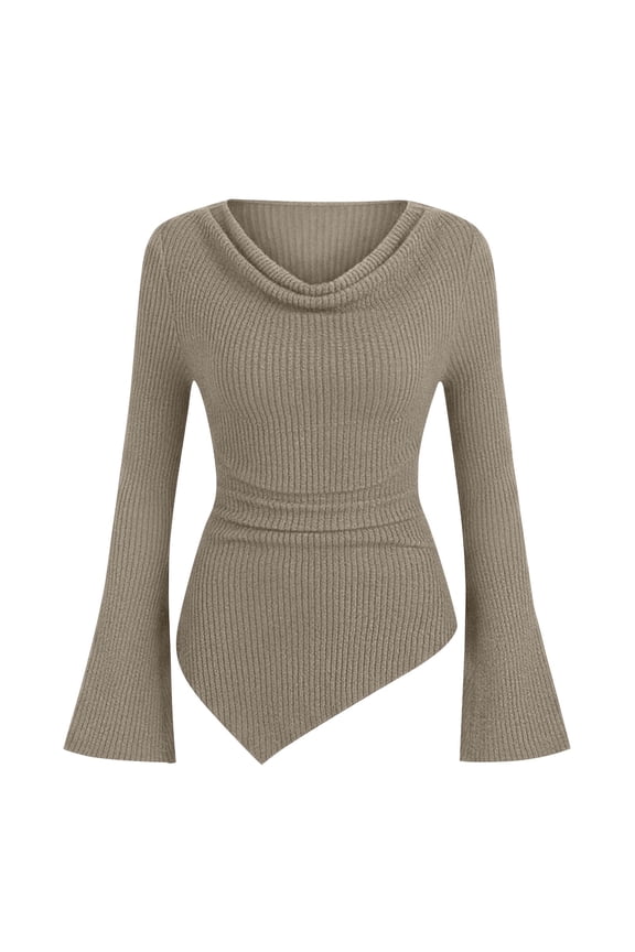 Women's Sweater Top Cowl Neck Ribbed Knit Long Flare Sleeve Fall Winter Fitted Blouse