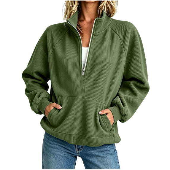Admvng Women's Sweatshirt Half Zip Ribbed Knit Stand Collar Long Sleeve Pocket Casual Lightweight Pullover Top