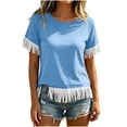 thumbnail image 1 of Admvng Women's T-Shirt Crew Neck Fringe Trim Short Sleeve Solid Casual Summer Tops, 1 of 7