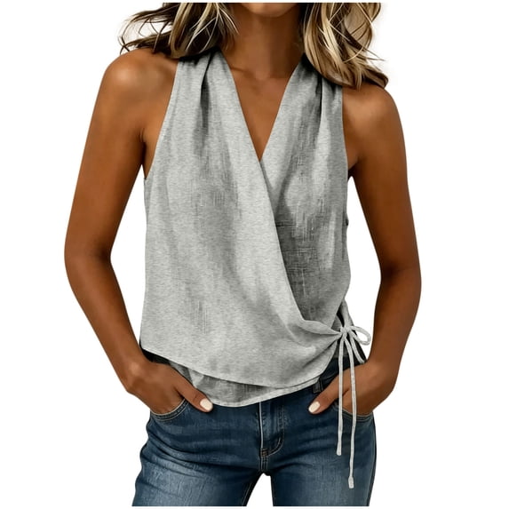 Admvng Women's Tank Top Wrap V Neck Sleeveless Linen Side Drawstring LightweightCasual Summer Camisole Blouse