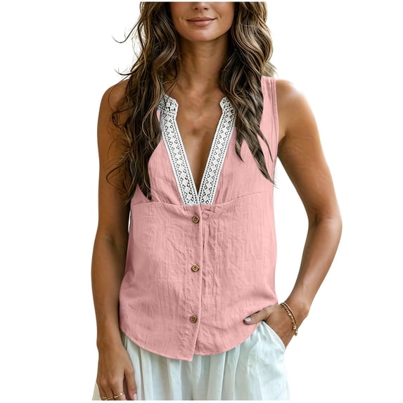 Admvng Women's Tank Tops Lace Linen Cotton Sleeveless V Neck Casual Boho Summer Blouses