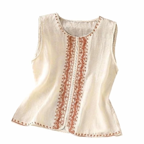 Admvng Women's Tank Tops Linen Cotton Boho Embroidered Sleeveless Round Neck Casual Flowy Summer Blouses
