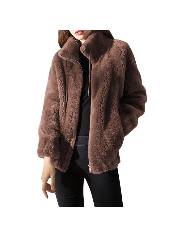 Women's Teddy Fleece Jacket Plus Size Thick Stand Collar Drawstring Soft Fall Winter Short Sherpa Coat with Side Pockets