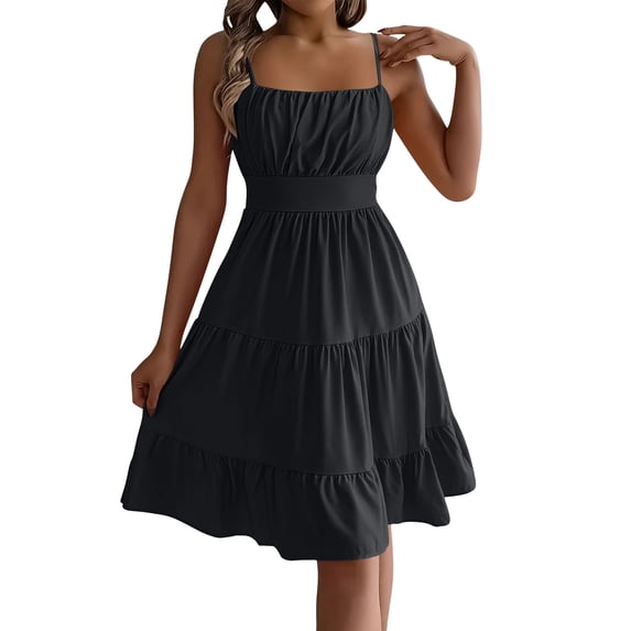 Admvng Women's Tiered Ruffle Dress Square Neck Casual Spaghetti Straps Summer Dress