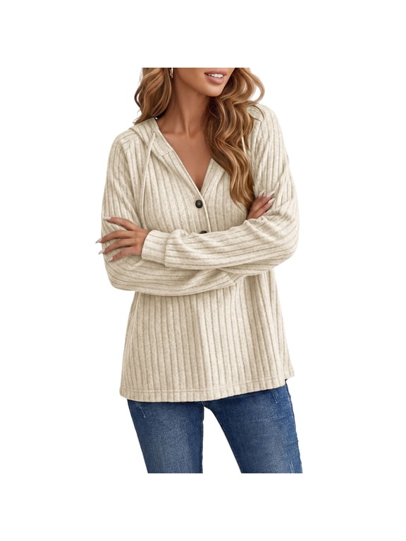 Women's Top Button V Neck Hooded Pullover Drawstring Long Sleeve Casual Lightweight Sweater Top