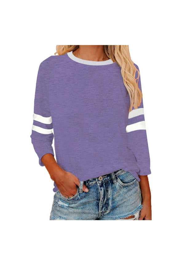 Women's Tops Casual Patchwork Round Neck Three-quarter Sleeve 3/4 Sleeve T-shirt Loose Top, Size S-4XL