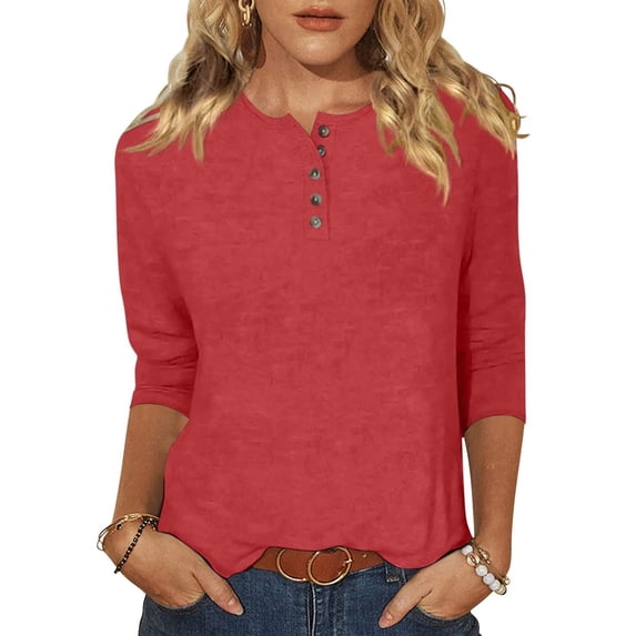 Admvng Women's Tops Round Neck Button Quarter Sleeve 3/4 Sleeve T-shirt Loose Top, Size S-3XL