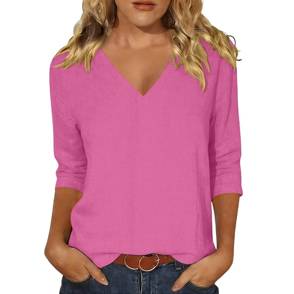 Admvng Women's Tops Solid V Neck Casual 3/4 Sleeve Everyday T-Shirt