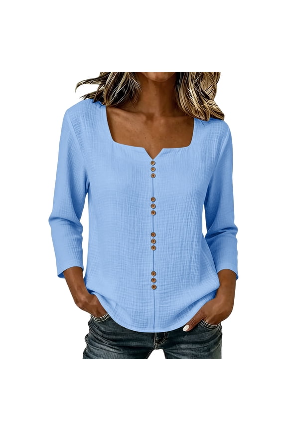 Women's Tops Square Notch V Neck Button Front Blouse 3/4 Sleeve Solid Color Casual Summer Shirt