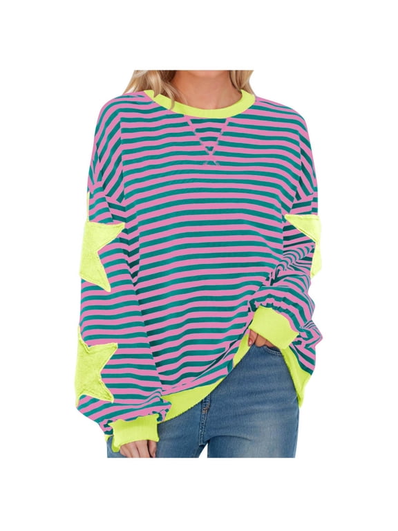 Women's Tops Striped Star Print Sweatshirt Long Sleeve Crew Neck Casual Everyday Streetwear Blouse